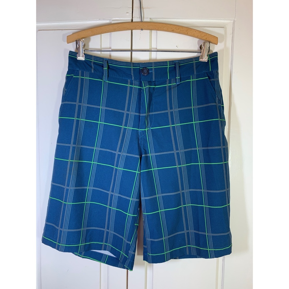 Ocean Pacific OPFlex Mens Plaid Hybrid Shorts Navy Lime Green 4-Way‎ Stretch 30
